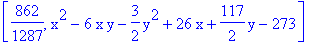 [862/1287, x^2-6*x*y-3/2*y^2+26*x+117/2*y-273]